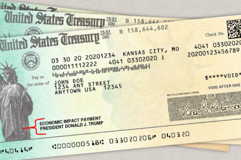 a stack of three example u s treasury checks for stimulus paymen