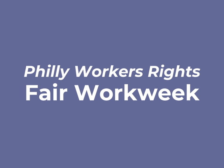 Purple background with white text reading "Philly Workers Rights: Wage Theft"